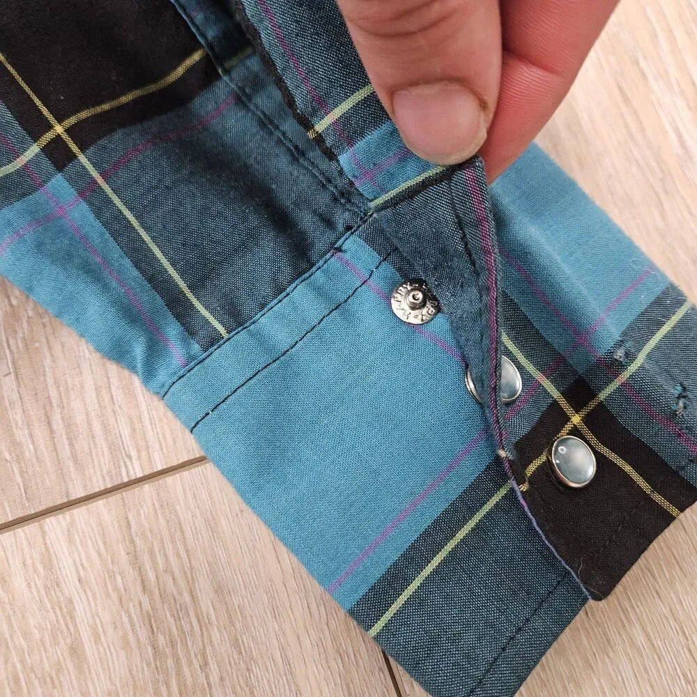 Ely Cattleman Vintage Pearl Snap Western Shirt Plaid Blue Men's Medium